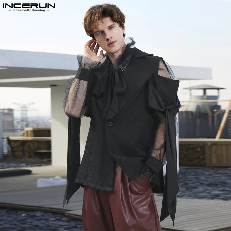 2024 Men\'s Blazer Patchwork Lapel Off Shoulder Short Sleeve One Button Suits Men Streetwear Fashion Casual Thin Coats INCERUN