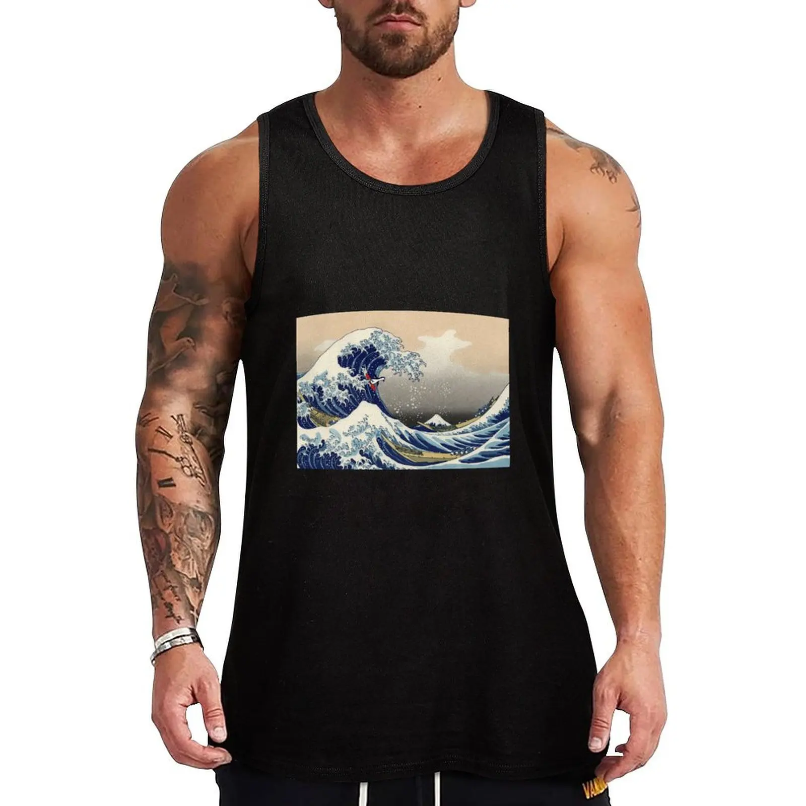 Penguin Surfing the Great Wave Tank Top fitness T-shirts men Male clothes sleeveless shirts