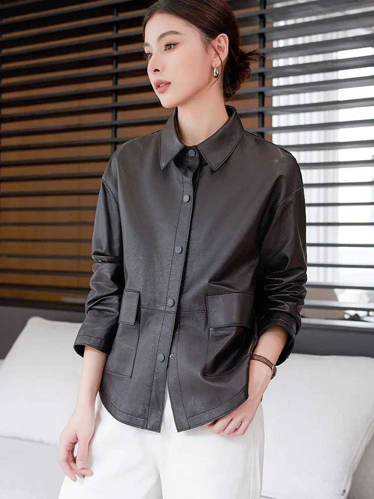 Giacca da donna in vera pelle monopetto casual manica lunga moda primavera autunno ufficio cappotto di pelle di pecora tinta unita