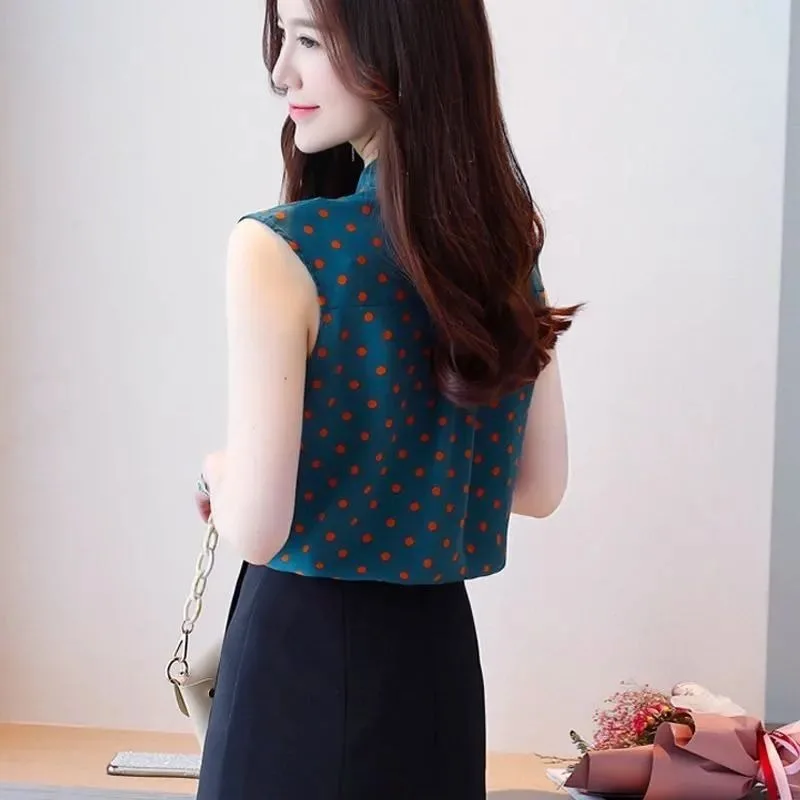 Women Clothes Summer Casual Fashion Simplicity Polka Dot Printing Sleeveless Shirts Women's Trend All-match Temperament Tops