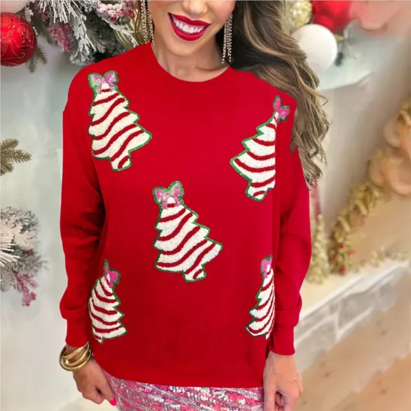 Christmas Tree Print Top Casual Women's Sportswear Fashion Decoration Comparison Sequin O-neck Long Sleeved Hooded  Loose Top