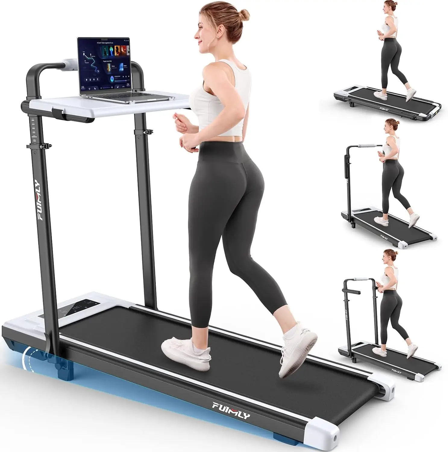 Foldable Walking Pad Treadmill with Detachable Workstation Desk, Handle Bar, and 15% Incline, for Under-Desk Use in Home/Office, 400+ lb Capacity, Height Adjustable, 3.5 HP Motor