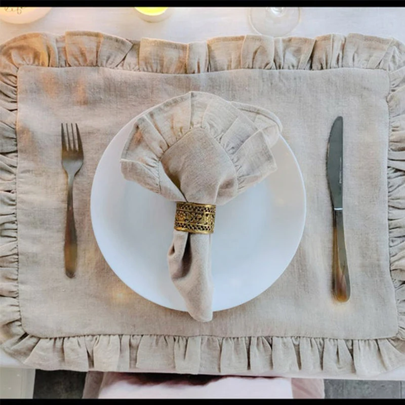 1 Pcs 100% Linen Napkins Wedding Dinner Solid Color Flounce Placemats Ruffle Edge Classical Custom Home Table Napkin