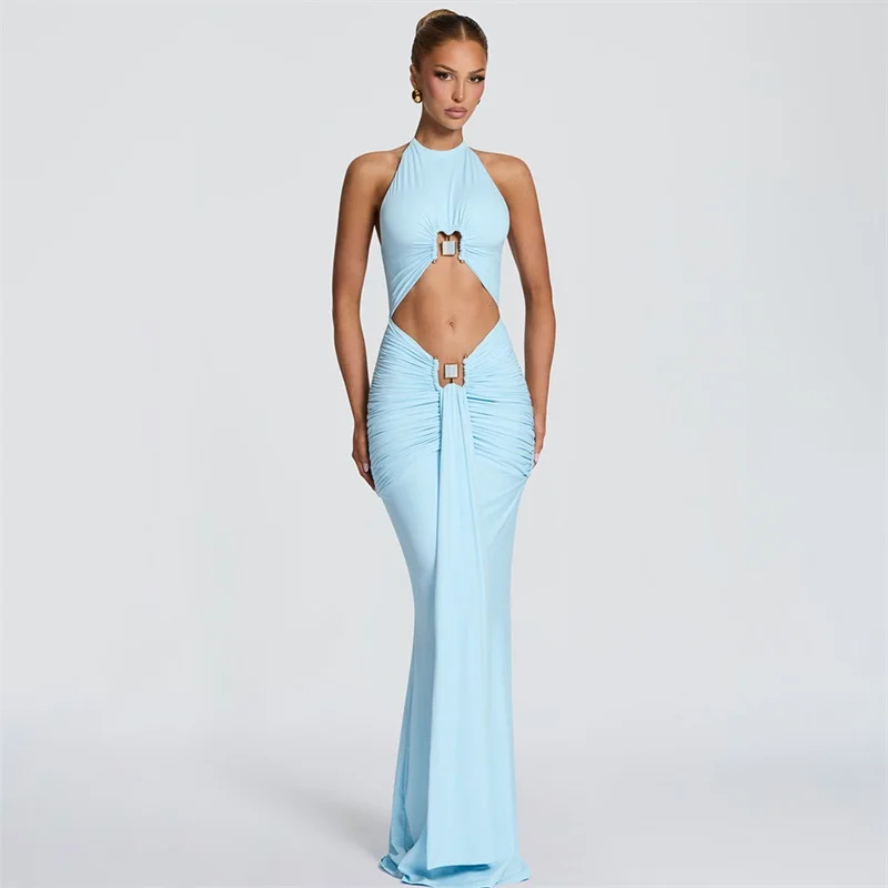solid-color-halter-prom-dress-cutout-waist-ruched-mermaid-floor-length-party-gown-slim-fit-bodycon-vacation-beach-evening-robe