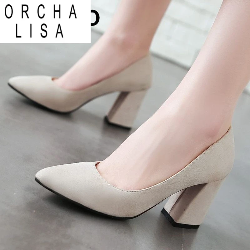 

ORCHA LISA Бренд 2025 Сексуальные свадебные туфли для женщин с острым носком на блочном каблуке 8 см Слипоны из флока Замша Большой размер 41 42 43 Туфли для вечеринок