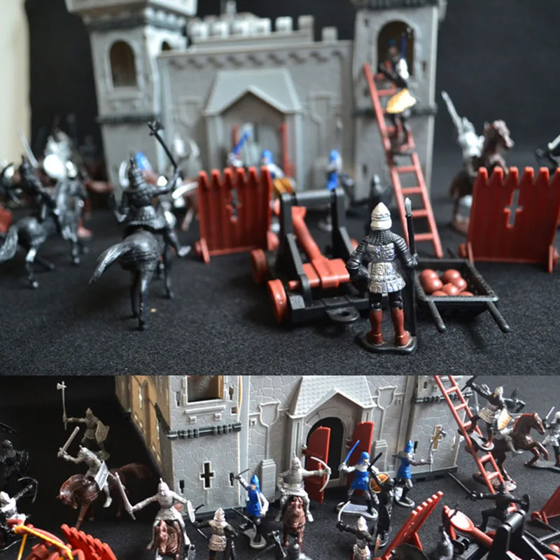 Un conjunto de castillo Medieval, caballeros, armas de guerra, juego de accesorios de infantería, juego de juguetes, modelo de Castillo 18*18*20cm