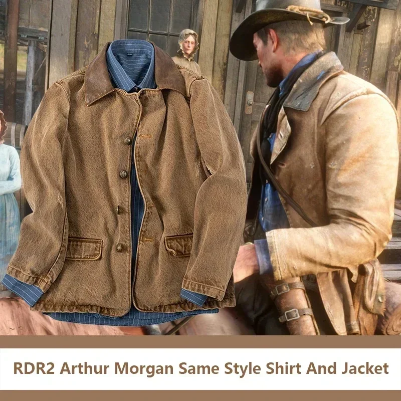 Jogo rdr2 arthur morgan mesmo estilo jaqueta ocidental denim cosplay trajes jaqueta marrom e camisa azul para homem