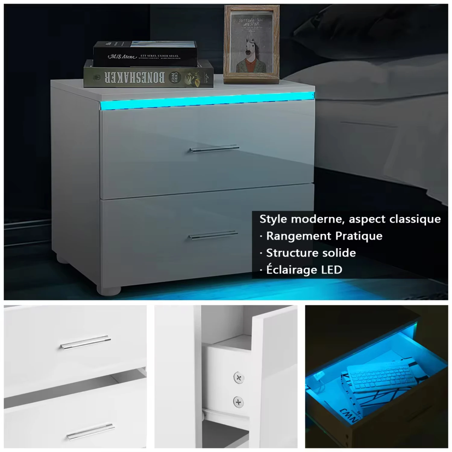 Modern Night Tables High Gloss Light Nightstand with 2 Drawer 20 Modes RGB Bedside Table Bedroom Bedside Cabinet