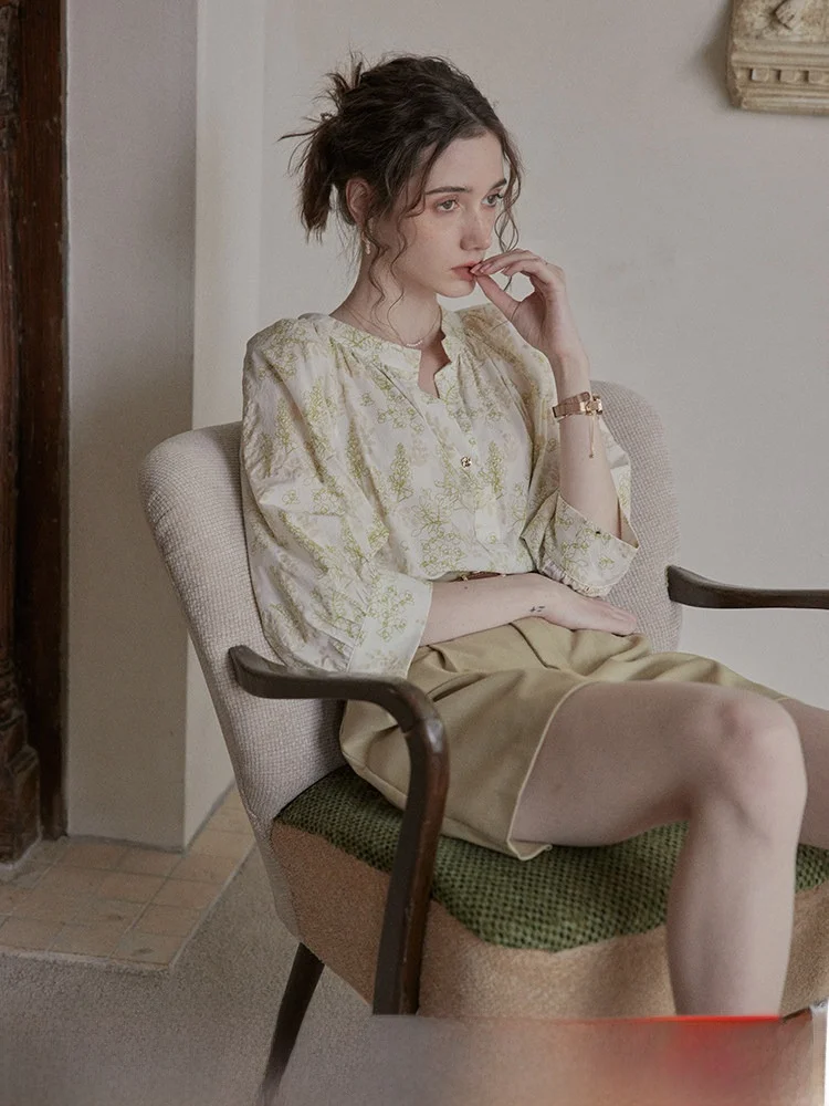 

C.PAIA Original Plant Print Vintage Women's Loose Feelings Seven Sve irts Cotton Bubble Sve V-ne ort Sve Tops