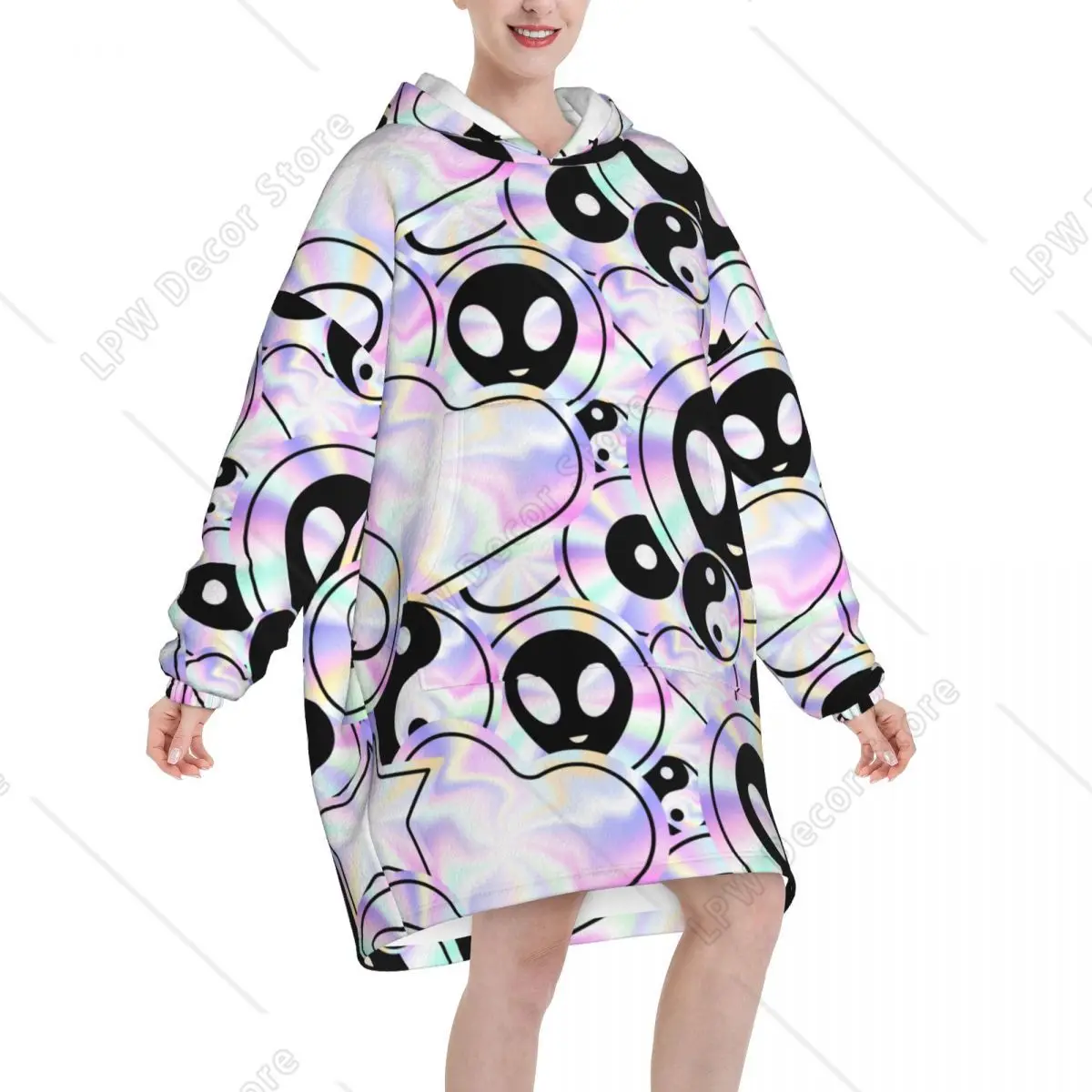Psychedelic Style Alien Blanket Hoodie Oversized Wearable Trippy Holographic Aliens Sweatshirt Blanket Warm Gifts for Women