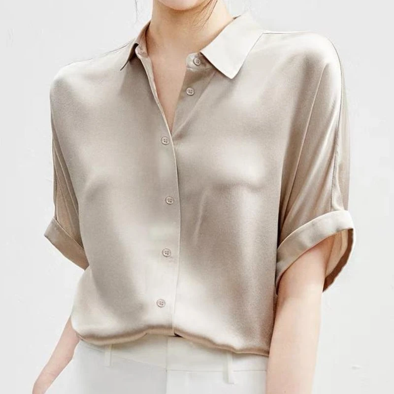 Primavera verão cetim branco blusas femininas 2025 novo único breasted manga curta casual solto coreano camisas elegantes para mulheres