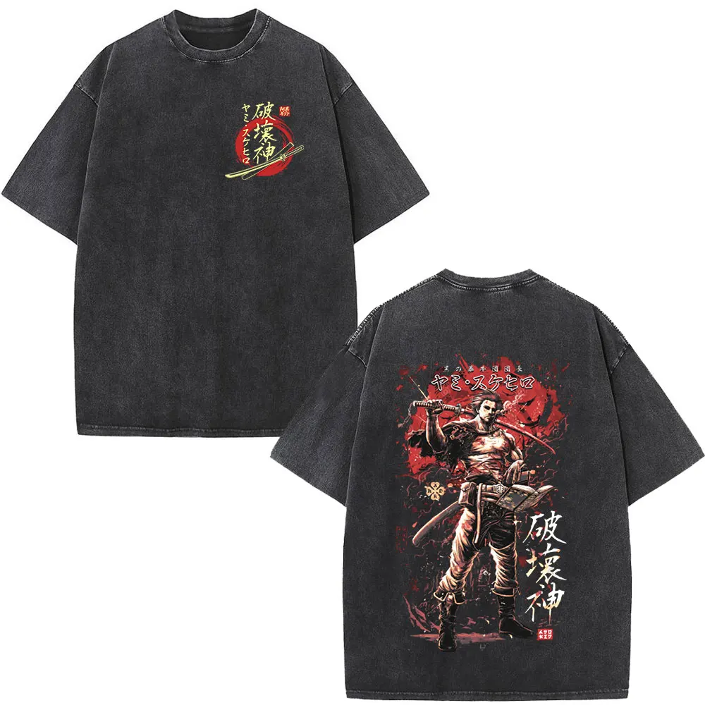 Japanese Anime Black Clover Washed T Shirt Yami Sukehiro Double Sided Graphic Print T-shirt Harajuku Streetwear T Shirts Tops