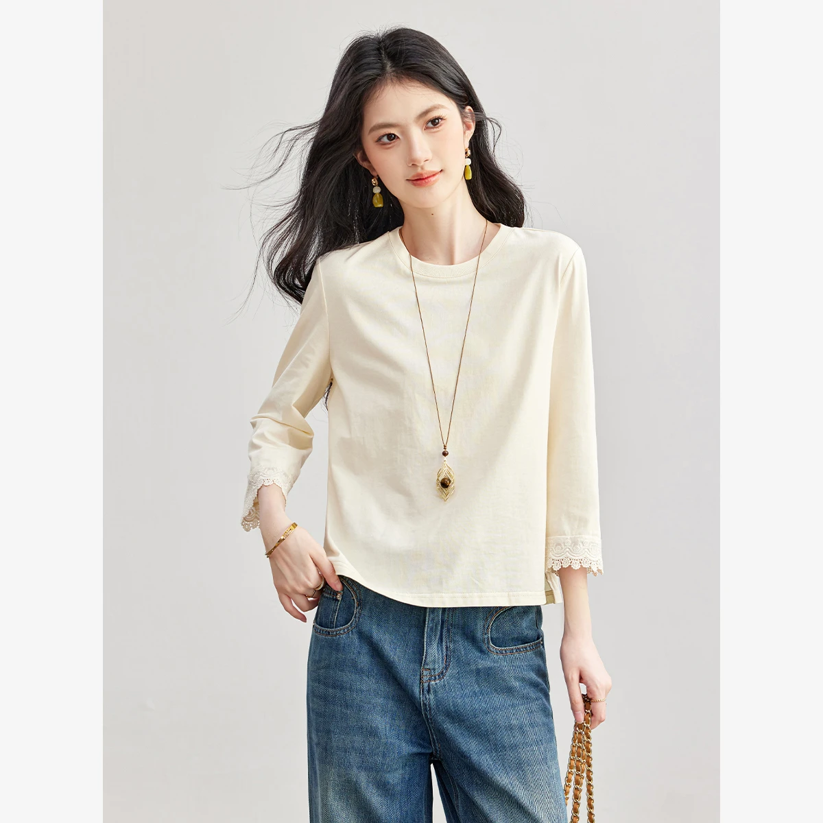 VIMLY Women's T‑shirt Lace Splicing Round Neck Elegant Pullover Cotton 100% 2026 Fall 3/4 Sleeve Basic Fashion Female Tops A7337
