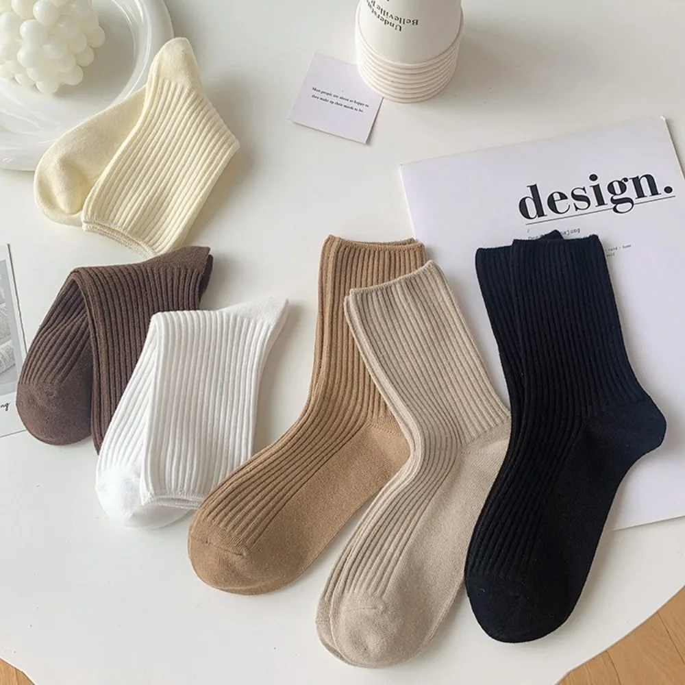 6Pcs Autumn Winter Women's Socks Maillard Stacking Socks Solid Color Vertical Striped Medium Tube Socks Versatile Casual Hosiery