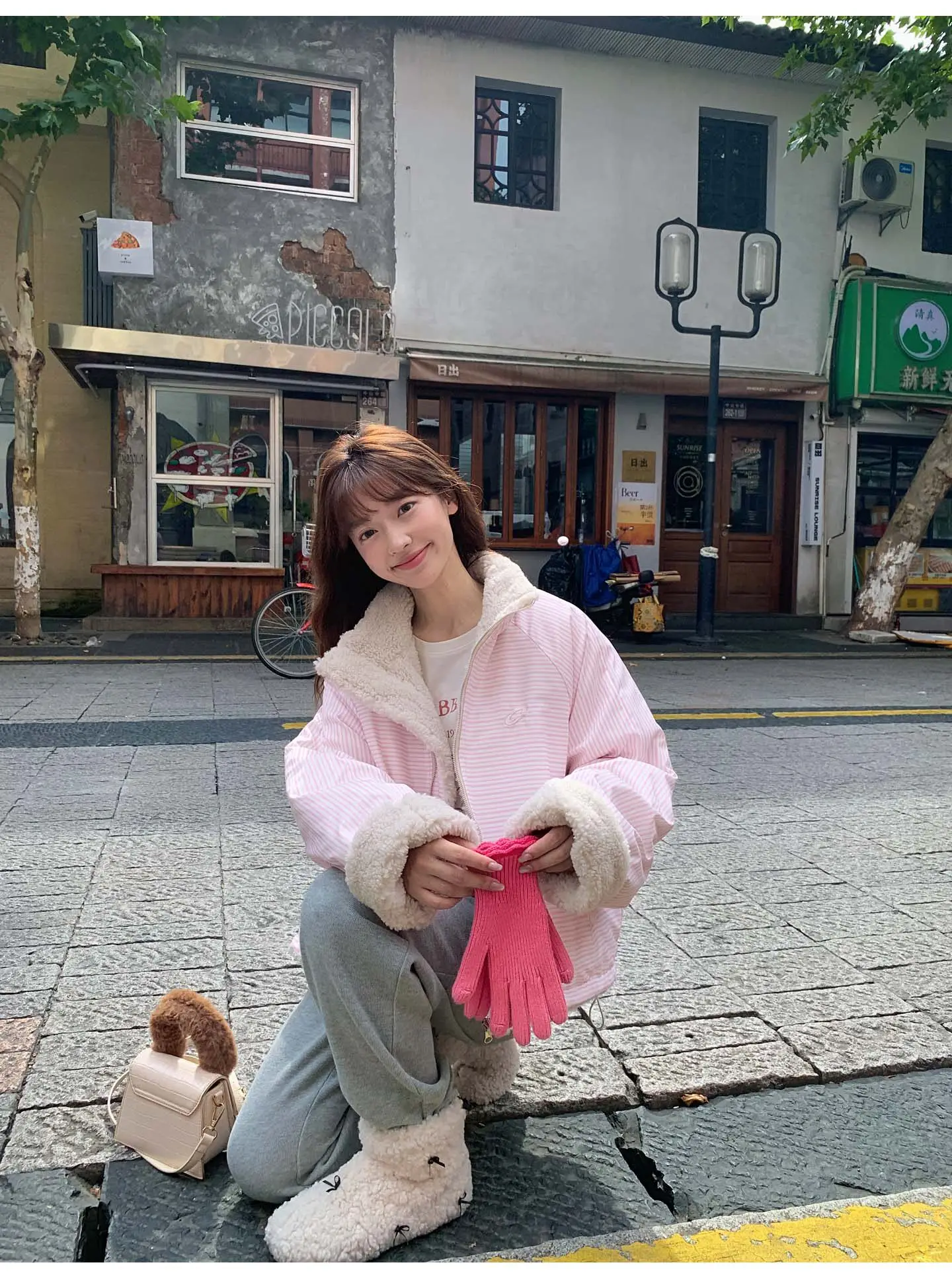 Korean Women's Reversible Striped Jacket Autumn Winter Stand Collar Fleece Lined Padded Coats Woman Loose Casual Plush Jackets