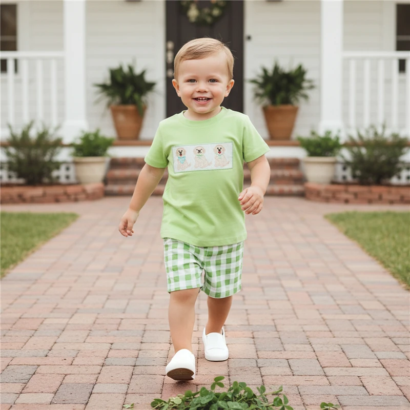 

2026 Summer Fashion Toddler Kids Baby Boys Clothes Set Short Sleeve O Neck Dog Embroidery Tops and Plaid Shorts Outfits