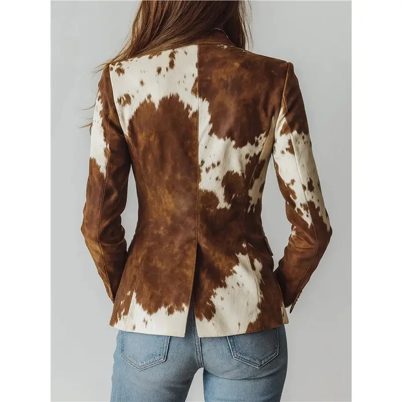 ABRT-Long-Sleeved Lapel Cow Print Cropped Jacket Button Down Blazer For Women Slim Fit Fall Outftis Brown Single Button M