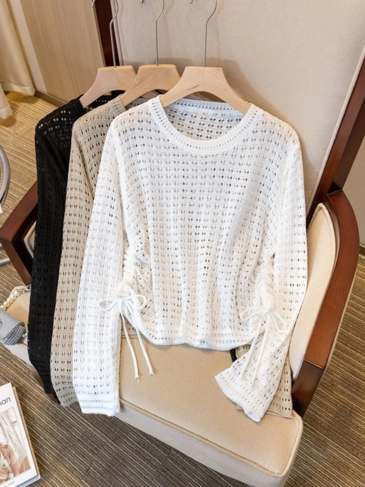 Black Hollow out Long Sleeve Knitted Sweater Women's Outerwear Drawstring Top Korean Style Loose Fit Regular Length
