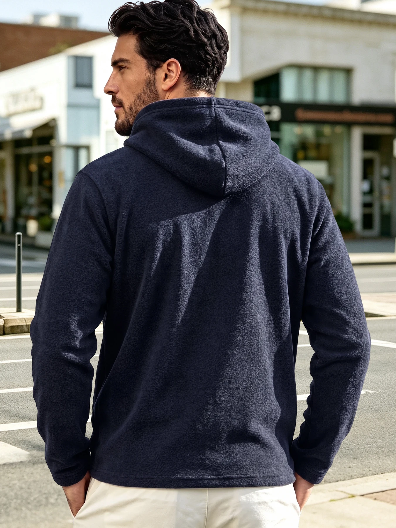 Men Tactical Fleece Hooded Jacket Full Zip Outdoor Coat Multi Zipper Pockets Arm Patch Design Casual Outerwear