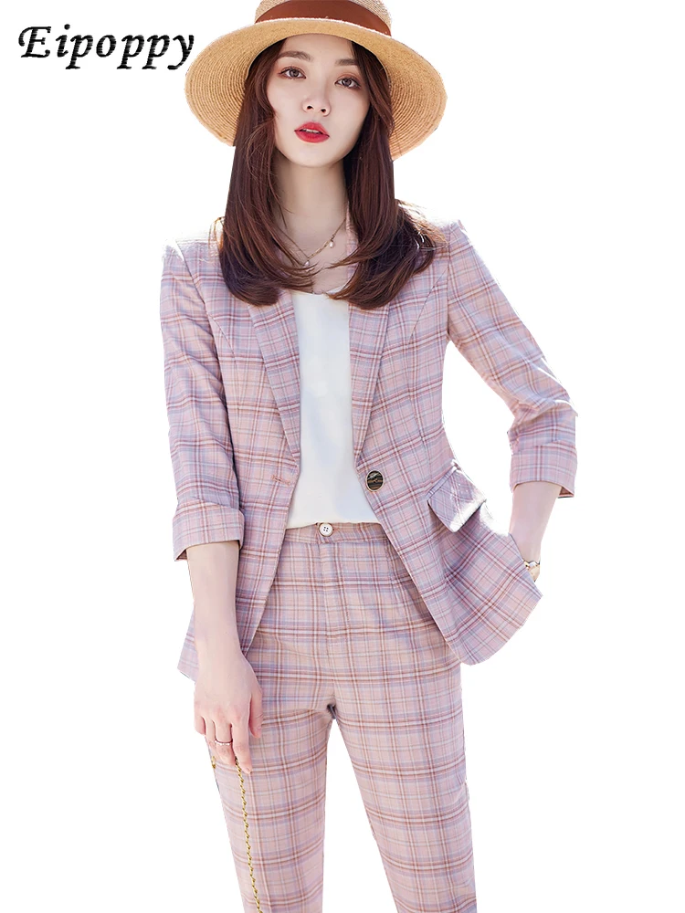 

Office Lady Summer Business Work Wear Pant Suit Women Pink Blue Apricot Plaid Half Sleeve Blazer And Trouser Formal 2 Piece Set