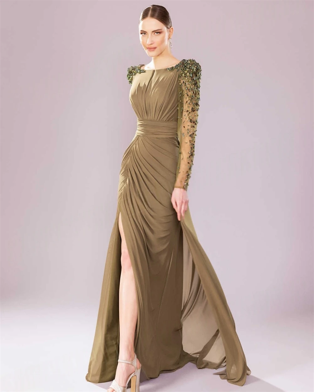 

Customized Simple Chiffon Evening Dress Temperament O-Neck Long Sleeves Prom Dress Exquisite Court Train Vestido De Festa