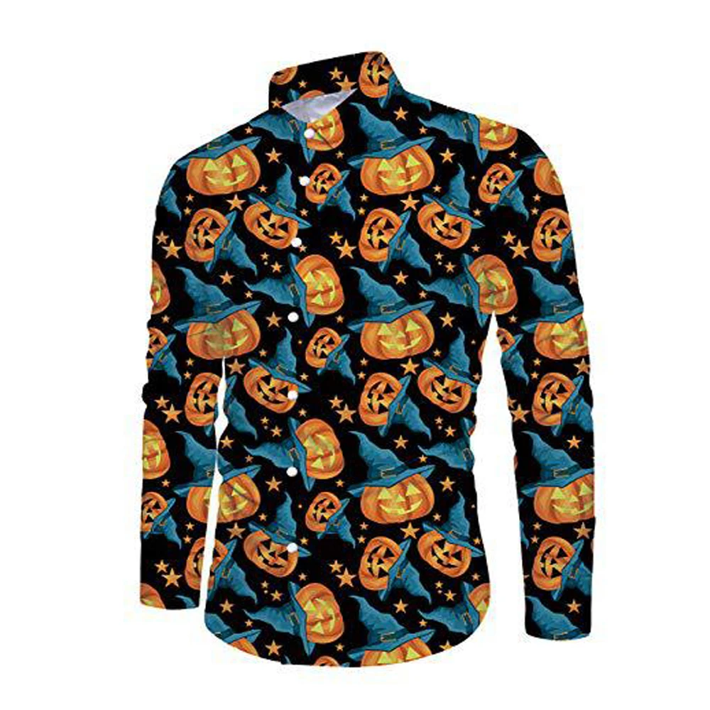 Halloween Long Sleeve Shirts Men's Pumpkin Head Printed Shirt Adult Street Casual Print Button down Top Party Suit