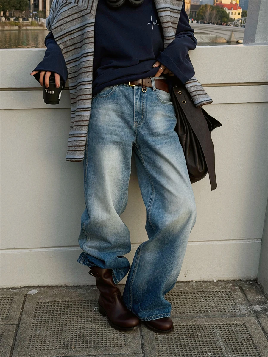 

Vintage MOEROP Loose Fit Classic Series Lazy Sle Waed Blue Straight Leg Loose Jeans Women's Retro Cotton Denim Pants