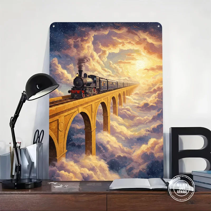 Train Journey Through the Clouds Personalized 3D Textured Metal Poster Wall Art Tinplate Sign for Room Decorating Interior Decor
