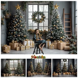 Mocsicka Christmas Tree Photography Backdrop Five-Pointed Star Gift Window Indoor Grey Wall Background Celebrate Decor Photocall