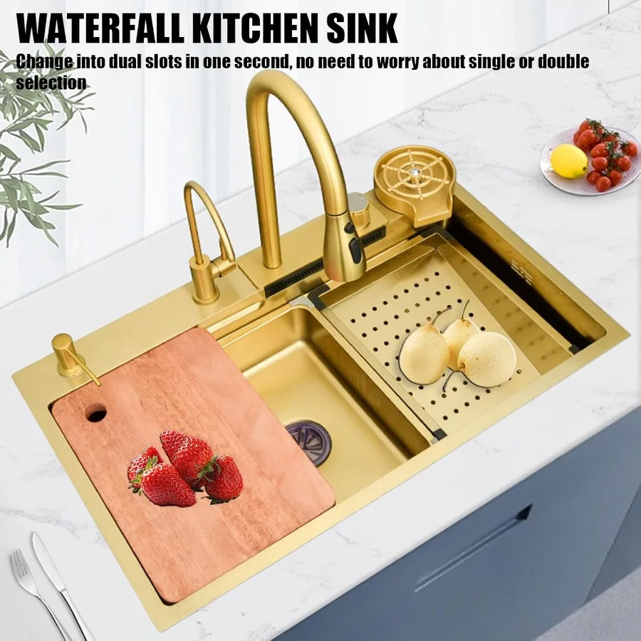 Stainless Steel Undermount Kitchen Sink With Pull-Out Faucet and Pressurized Cup Washer for Modern Kitchen 68x45x20cm Gold Fini