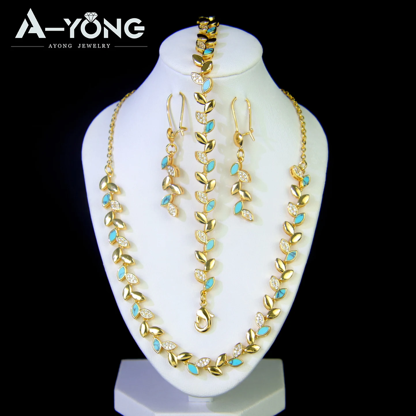 Luxuriöses italienisches Zirkonia-Schmuckset, 21 Karat vergoldet, Dubai-Quaste, Blatt-Türkis-Halskette, brasilianischer Hochzeits-Party-Schmuck – Detail 10