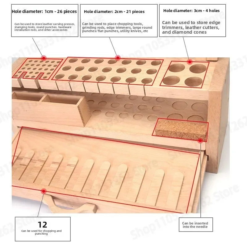 Beech Multifunctional Specification Tool Rack Porous Hand Sewn DIY Beech Tool Desk Storage Rack Leather Toolbox