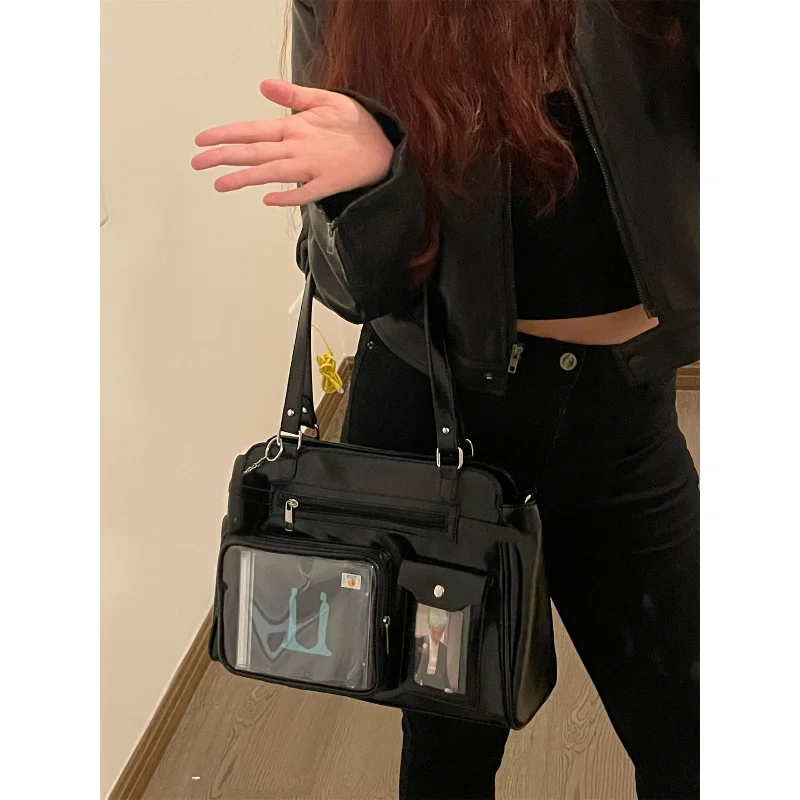 

Серебристая прозрачная сумка-ита с окном, многофункциональная сумка-тоут из искусственной кожи с несколькими карманами, сумка через плечо в стиле Y2K панк для демонстрации значков