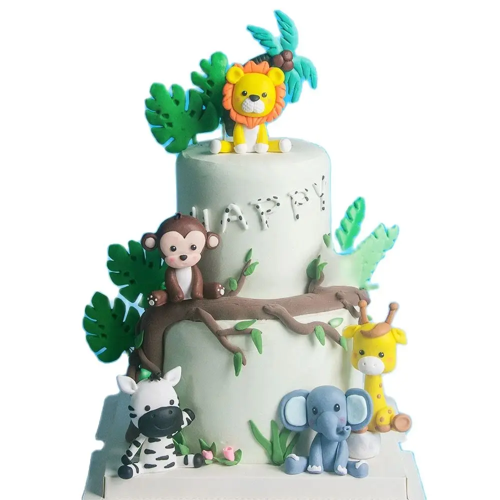 Jungle Safari Animal Cake Topper Lion Giraffe Zebra Monkey Elephant for Boy Kids Happy 1st Birthday Baby Shower Party Decoration