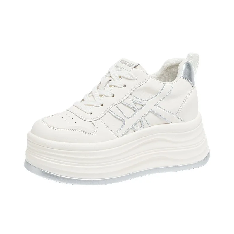 9 سنتيمتر المرأة أحذية رياضية غير رسمية سميكة القاع عالية أعلى أحذية رياضية فضية اللون زيادة الارتفاع مريحة جولة تو المطاط تسولي