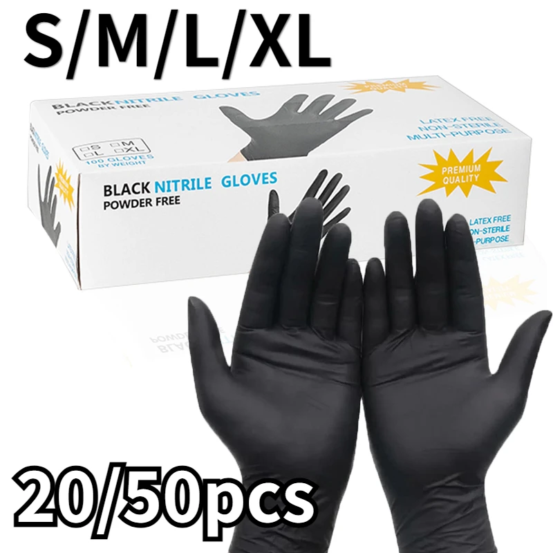 20/50PCS Black Nitrile Gloves Thickened Durable Waterproof Nitrile Gloves Household Cleaning Car Repair Hair Dyeing Tattoo Tools