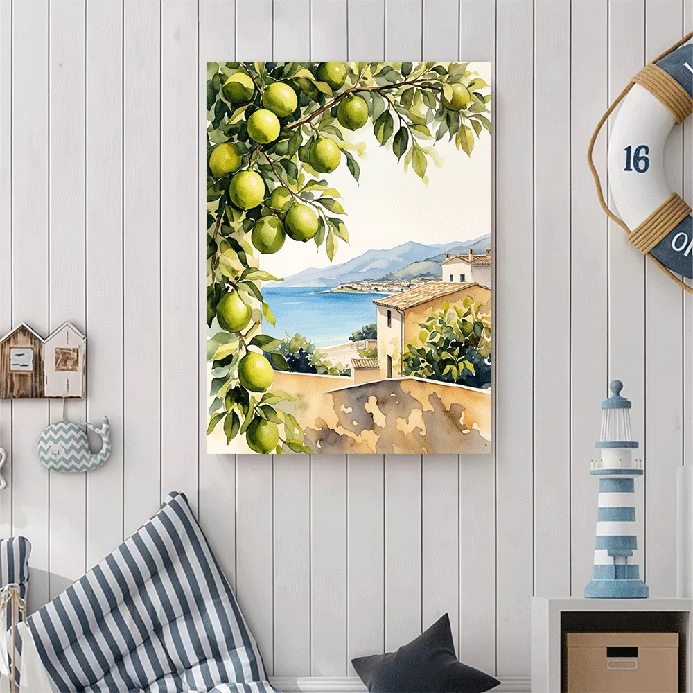 1PC-Canvas poster Unframed  Lemon Tree Coastal Village Watercolor Art Print  summer