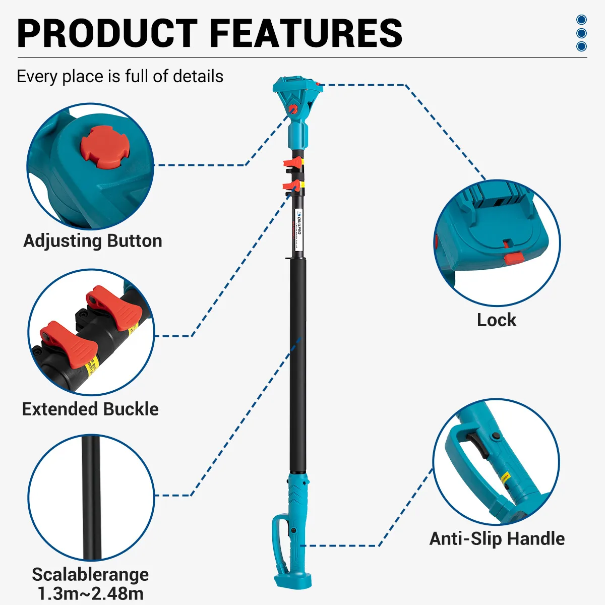 Brushless Pruning Telescoping Rod Electric Shears Chain Saws Pole Anti-Slip Handle 180 Degree Adjustable for Makita Battery