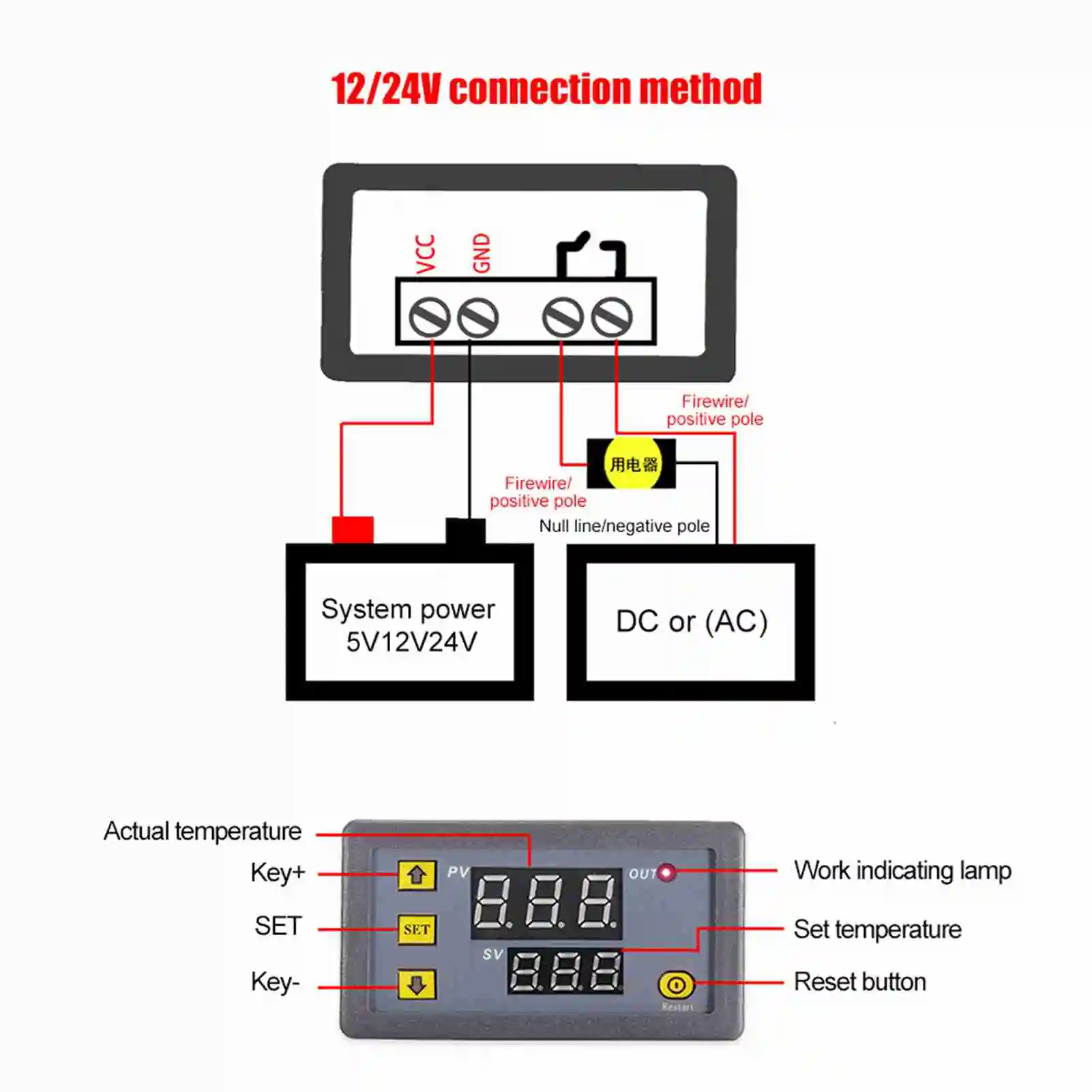 Digital Temperature Controller Matching Large Clear LEDs Display Heating Cooling Control Portable Mini Temperature Controller