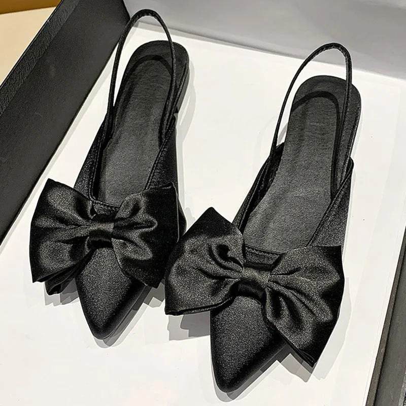 Luxury Satin Silk Slingback Sandals Woman Fashion Pointed Toe Bowknot Mules Ladies Elegant Wedding Evening Party Shoes