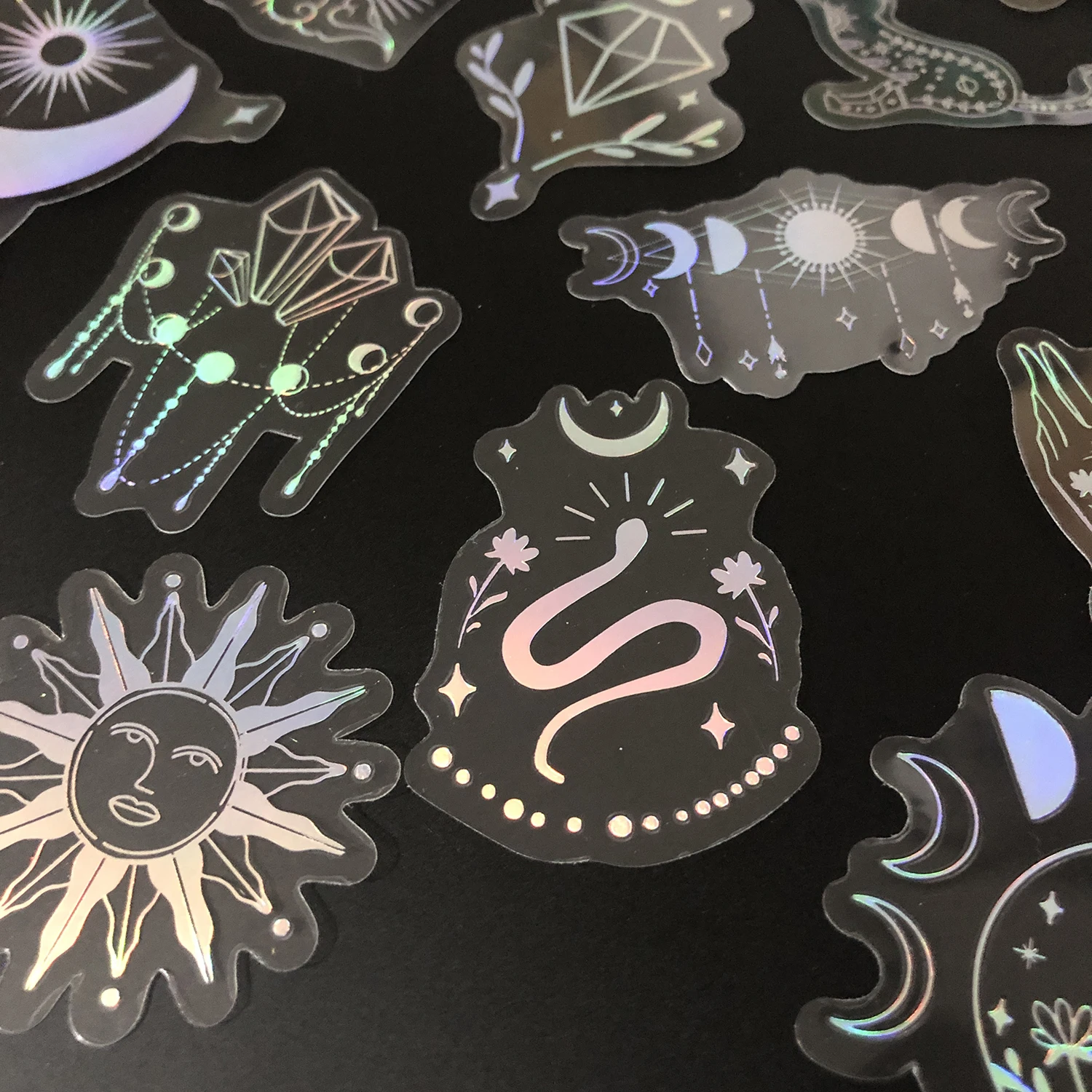 100 pcs Laser Silver Stickers Waterproof Transparent PET Adhesive Sticker Label, The Bohemian Style: Moon, SUN, Diamond, Feather