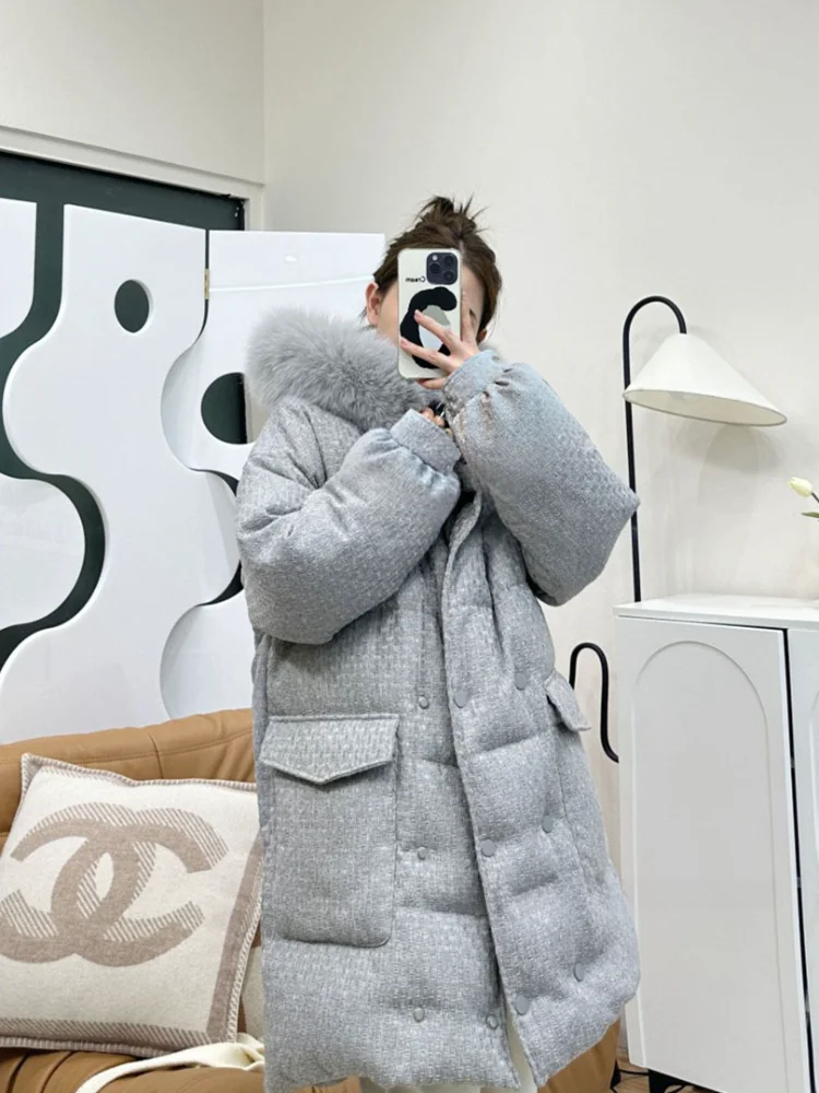 

Зимнее женское пуховое пальто Gold-Eating Beast Inner S Long с меховым воротником, новинка, модная модель