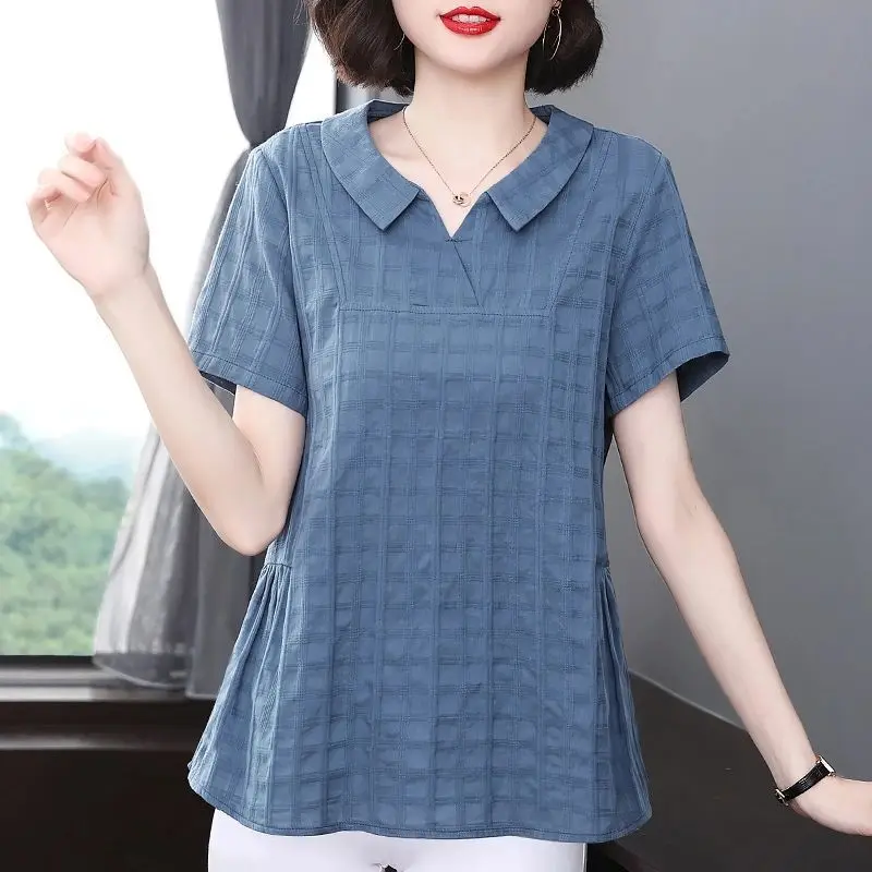 2024 Summer Women Korean Fashion Plaid Elegant Blouse Casual Solid Loose Cotton Shirt Simple Short Sleeve Tops Blusas Para Mujer