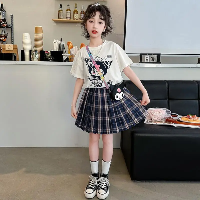 2pcs lomi Girl Short  Sleeve Sanrio  Short Skirt  Academy Style Pleated Skirt Kawaii New Anime Jk Set Summer Fashion Cotton