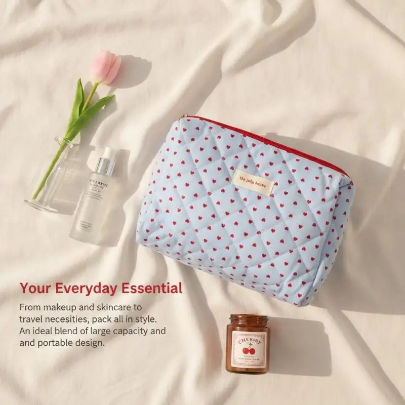 Makeup Bag Set Red Heart Print Quilted Fabric Large Capacity Light Blue Toiletry Organizer for Business Trip Use