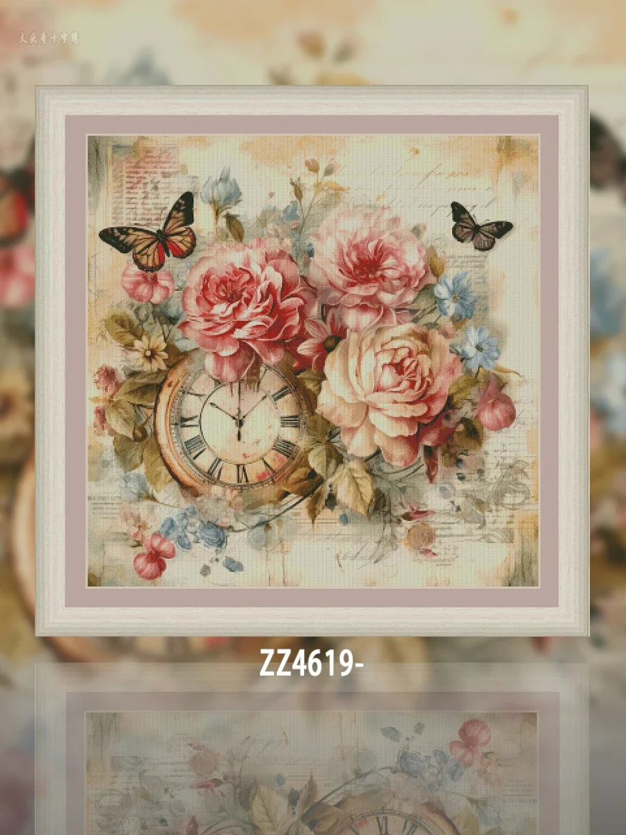 [ZZ4619-Time Flower Language] Stamped Cross Stitch Kit 14CT 16CT Pre Printed Canvas Cotton Thread DIY Embroidery Home Wall Decor