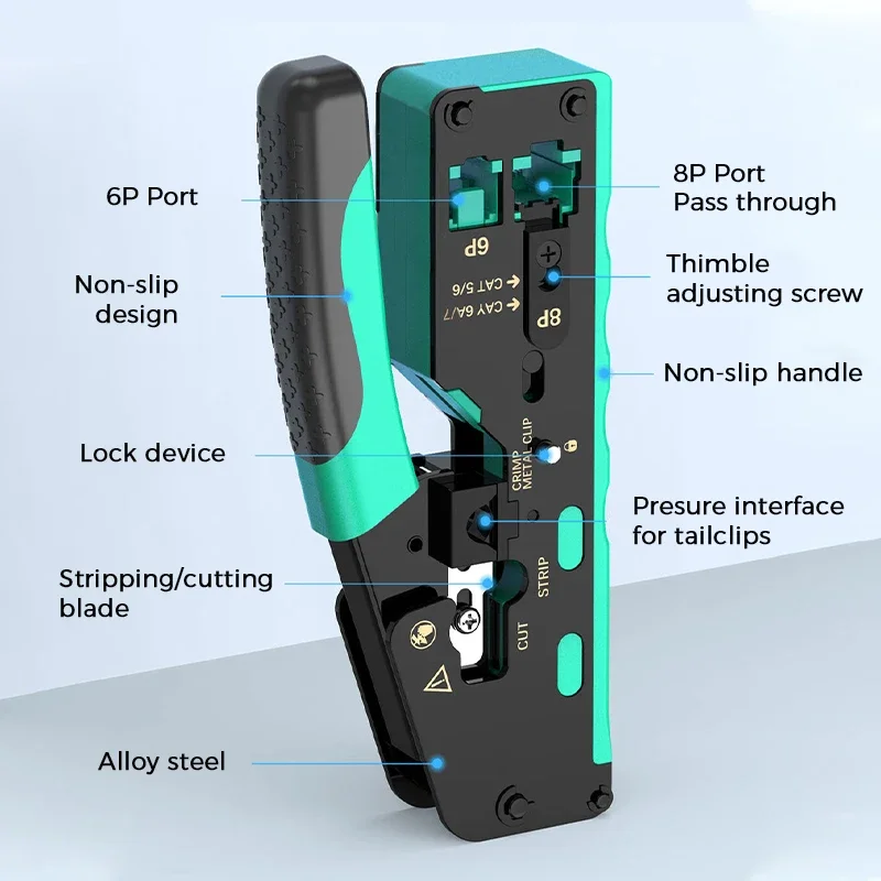 KOYO RJ45 Crimping Tool Pass Through, Professional Grade Ethernet Cable Crimper for Cat7 Cat6A Cat6 Cat5E Cat5 Modular Plugs