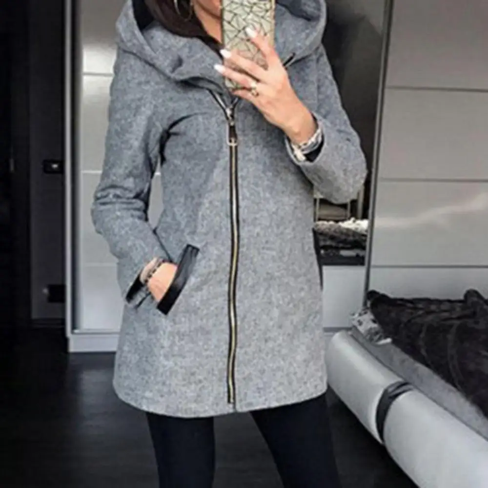 Autumn Winter Fashion Women Coat Solid Color Zip up Long Sleeve Hooded Jacket Coat Outerwear Long Section Women\'s Coat