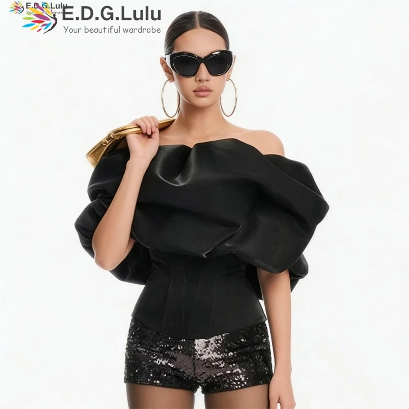 EDGLuLu Elegant White Off Shoulder Blouse 2026 New Women's Puff Sleeve Crop Top Sexy Pure Desire Fashion Casual Top 0404