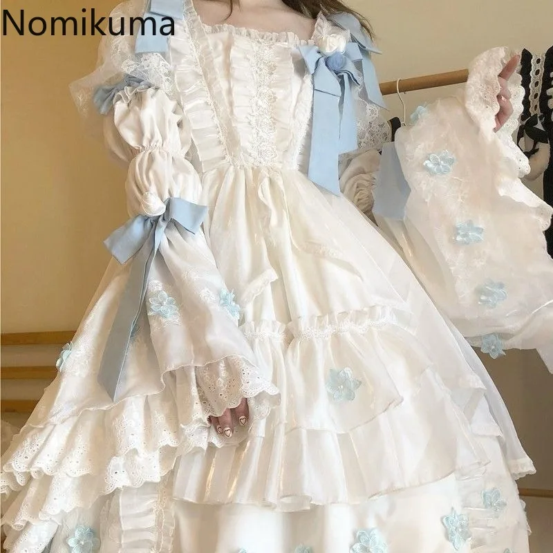 

Милое платье в стиле Лолиты для женщин, японское белое платье Femme 2025 Vestidos De Mujer с разрезом на шее, трапециевидное платье с бантом, кружевное милое платье с большим качелей